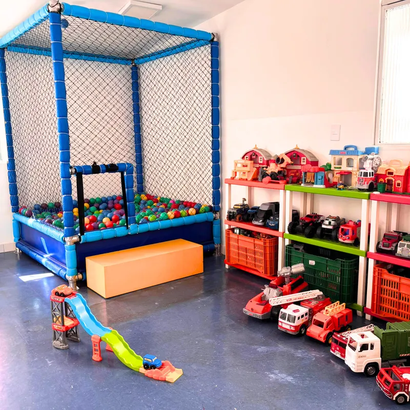 Piscina de bolinhas e prateleiras com caminhões